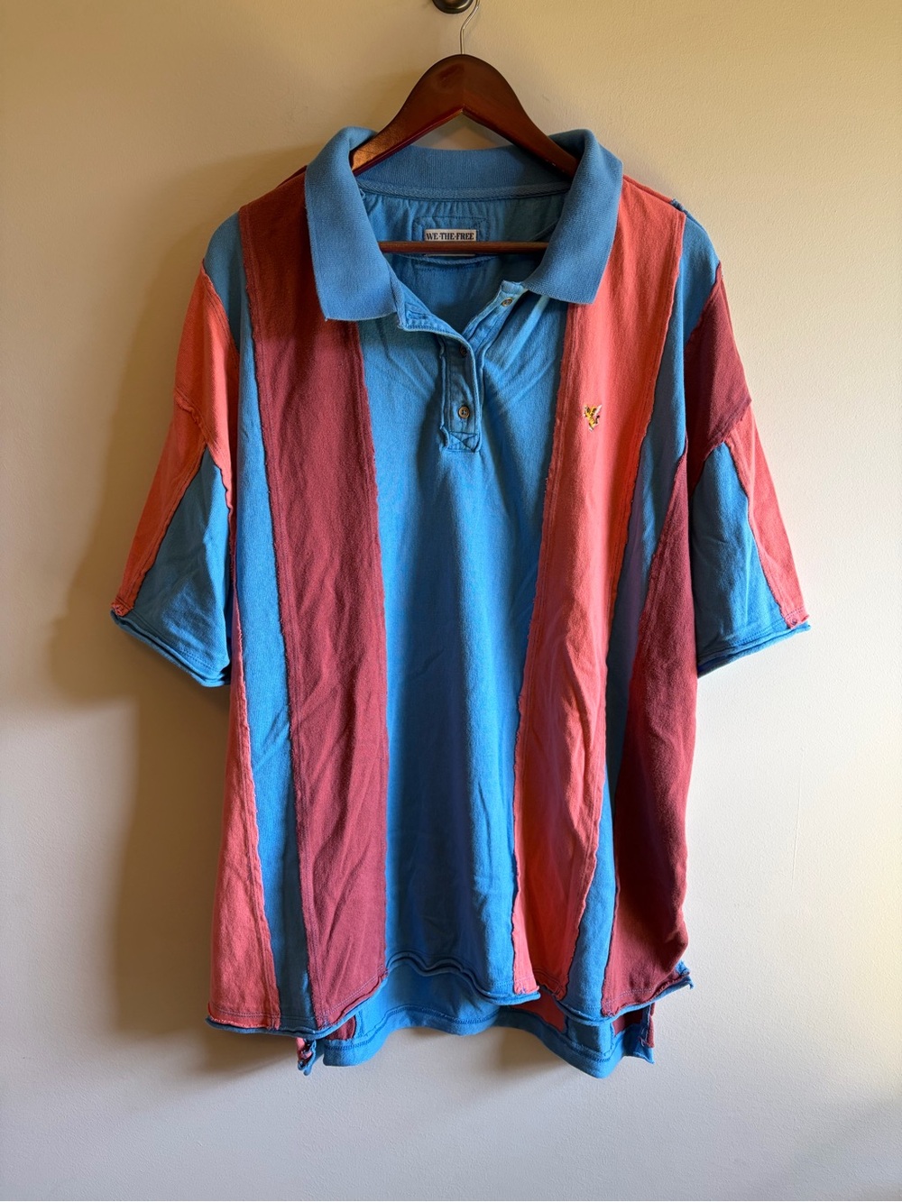 Free People Blue and Coral Striped Polo Shirt